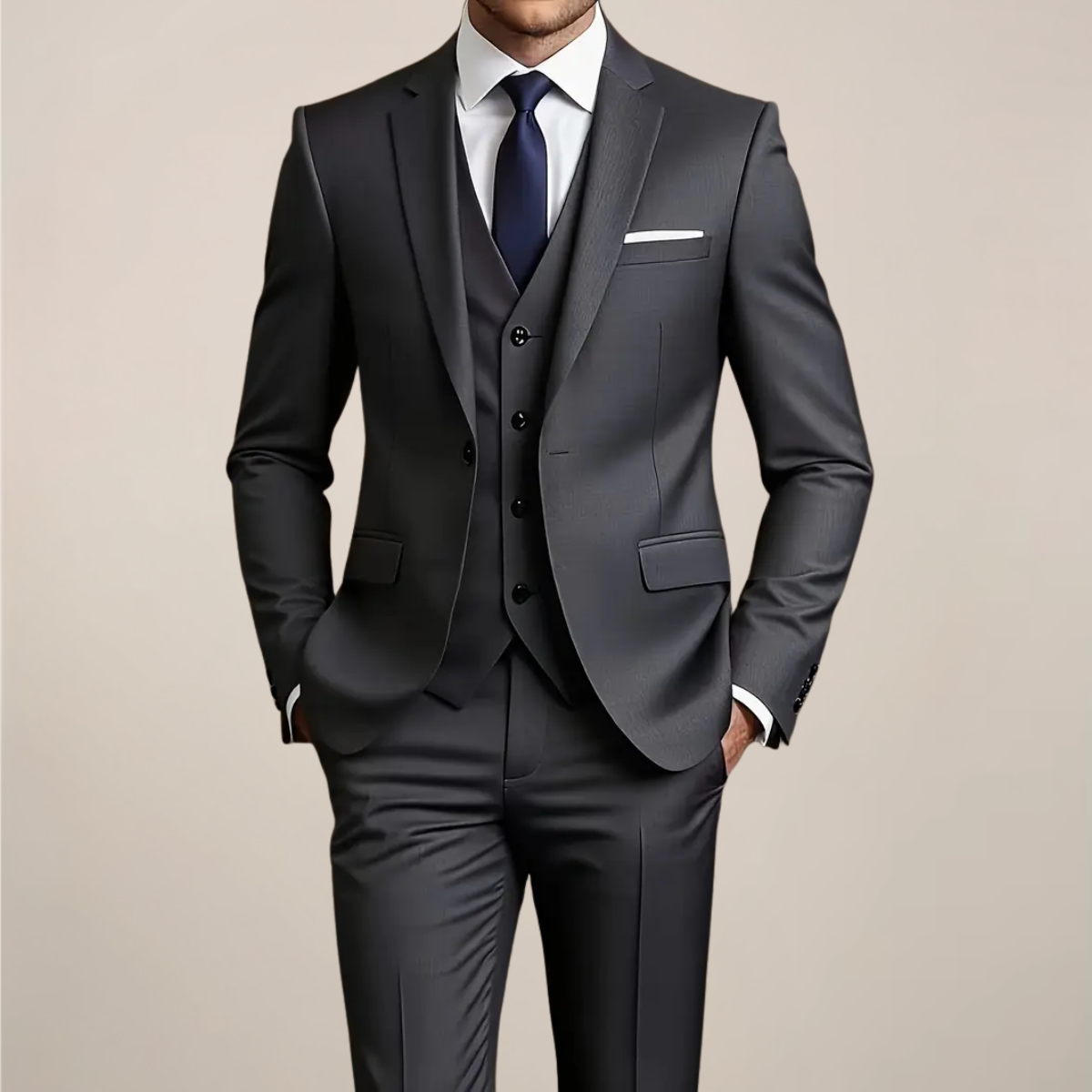 Mænds Mørkegrå Tre-delt Jakkesæt – Slim Fit Formelt Tuxedo til Bryllupper og Erhvervsarrangementer