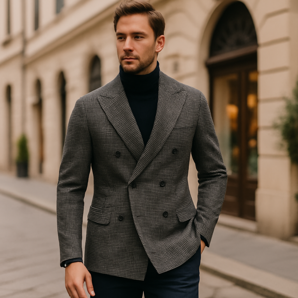 Herre Dobbeltbrystet Ternet Blazer – Skræddersyet Smart Casual Jakke