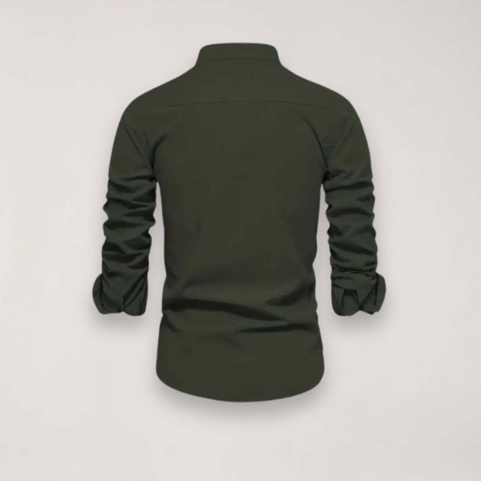 Herreskjorte med Lange Ærmer og Ståkrave – Broderet Ensfarvet Design til Smart Casual Styling