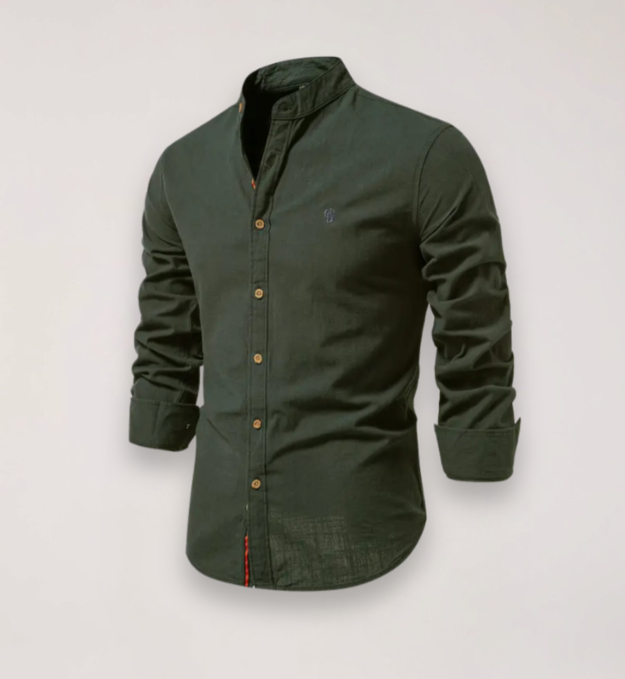Herreskjorte med Lange Ærmer og Ståkrave – Broderet Ensfarvet Design til Smart Casual Styling