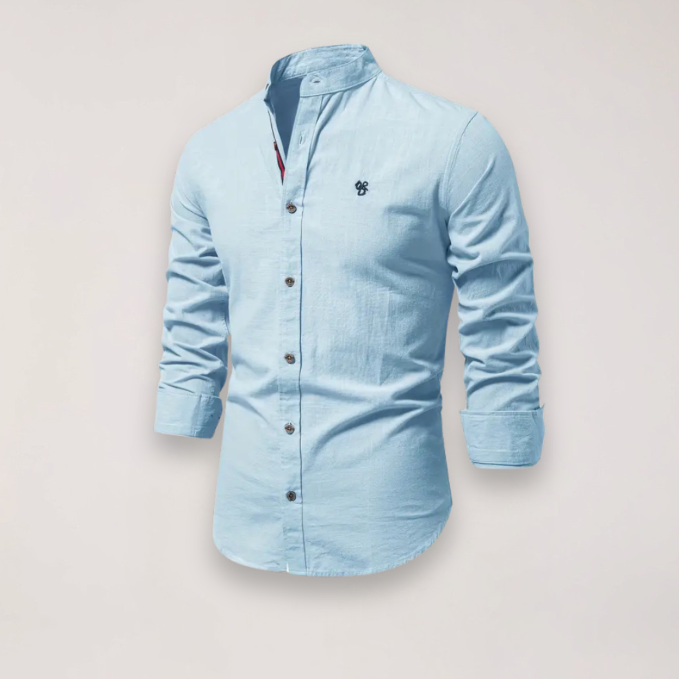 Herreskjorte med Lange Ærmer og Ståkrave – Broderet Ensfarvet Design til Smart Casual Styling