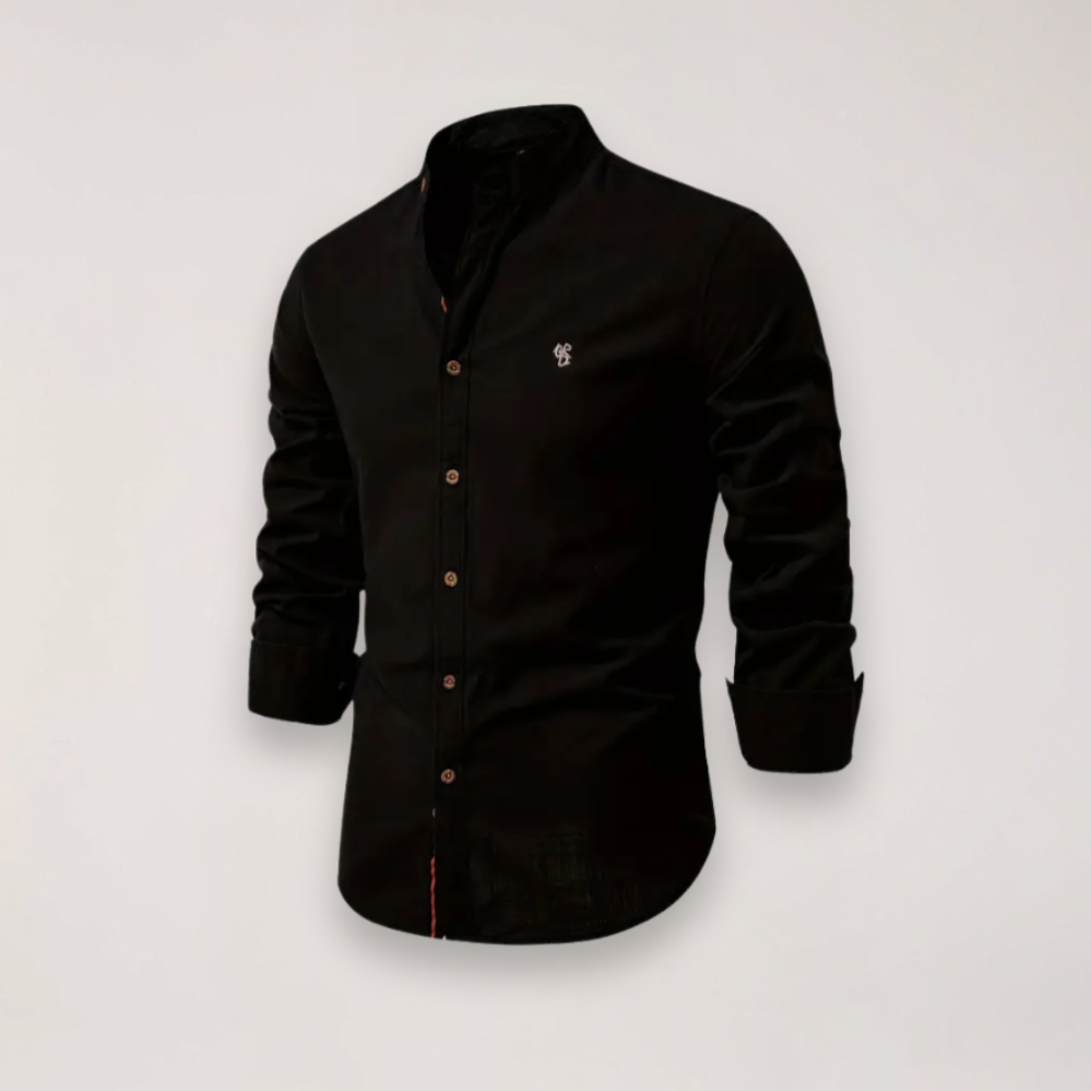 Herreskjorte med Lange Ærmer og Ståkrave – Broderet Ensfarvet Design til Smart Casual Styling