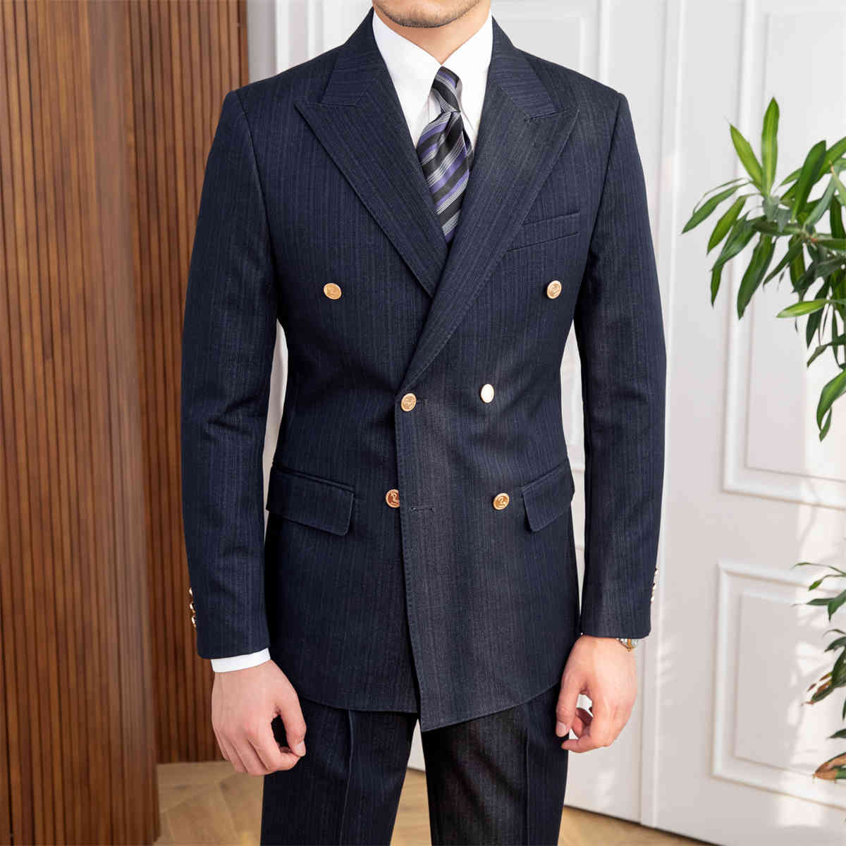 Herres Navy Blue Dobbeltbrystet Slim Fit 2-Piece Suit – Skræddersyet Efterårsformelt Sæt