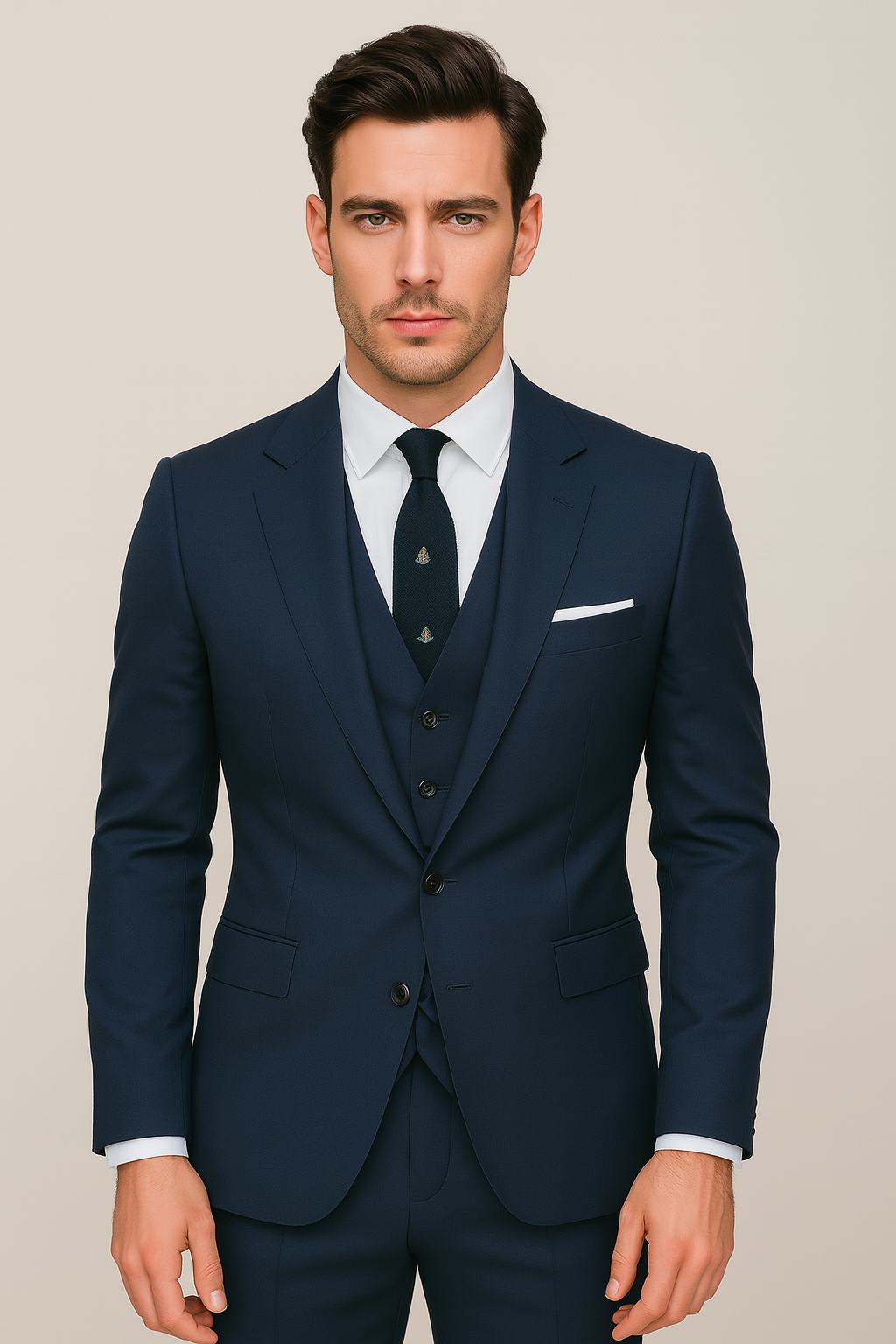 Herre Navy Blå Tre-delt Jakkesæt – Business Casual Blazer, Vest & Bukser