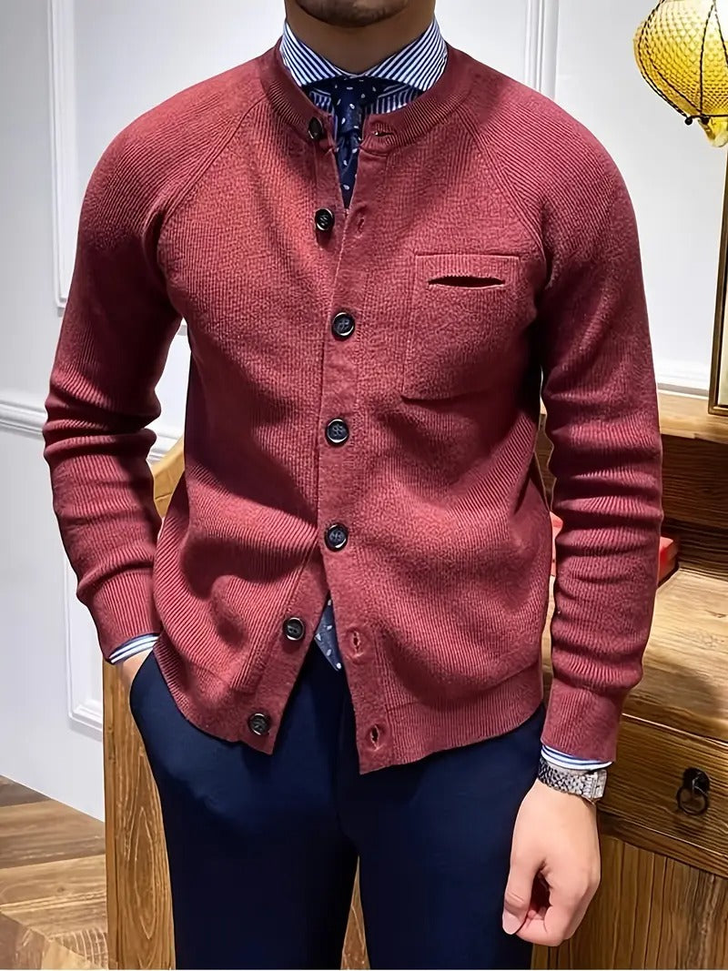 Herre Ribbet Cardigan Sweater – Rund Hals, Knap Front, Brystlomme