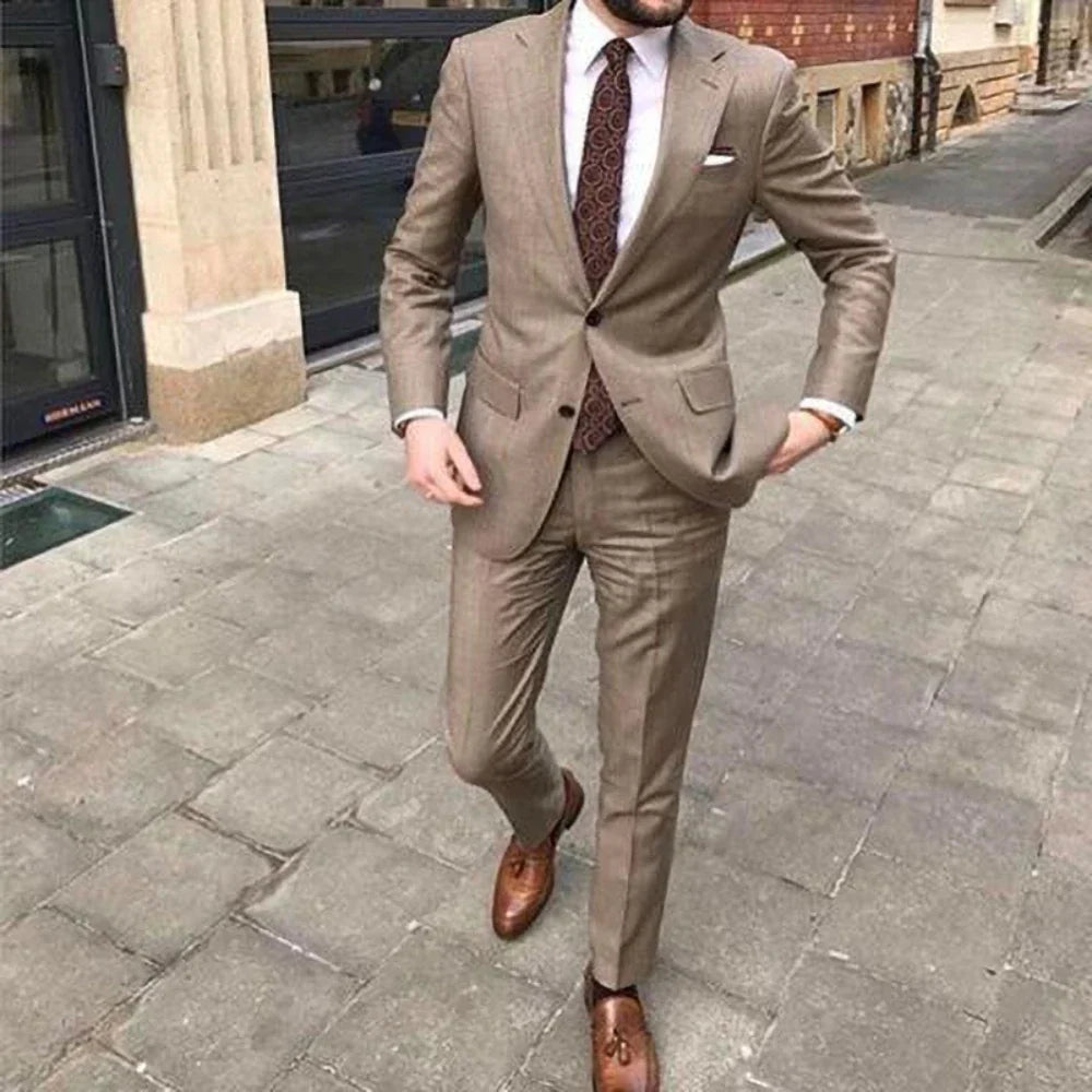 Herre Slim Fit Khaki Jakkesæt – 2-delt Sommer Business & Bryllups Sæt