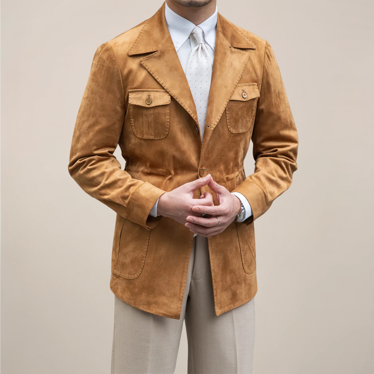 Herre Suede Safari Jakke – Slim Fit med Fire-Lomme Design