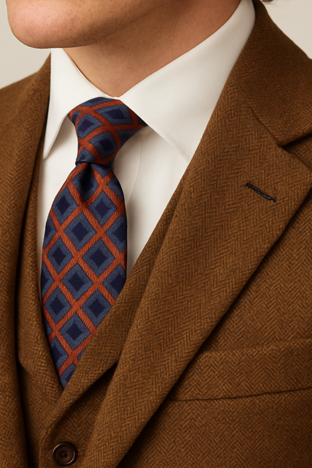 Herres Three-Piece Brun Tweed Jakkesæt – Skræddersyet Blazer, Vest og Bukser
