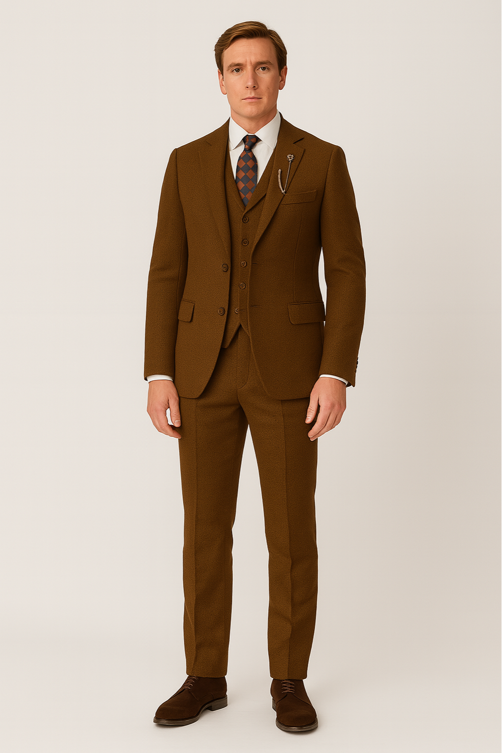 Herres Three-Piece Brun Tweed Jakkesæt – Skræddersyet Blazer, Vest og Bukser