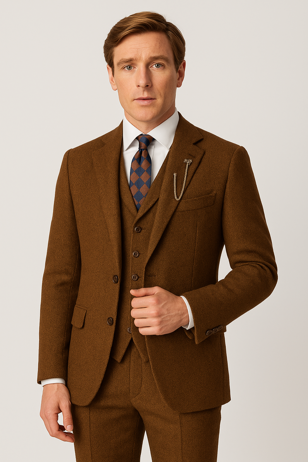 Herres Three-Piece Brun Tweed Jakkesæt – Skræddersyet Blazer, Vest og Bukser