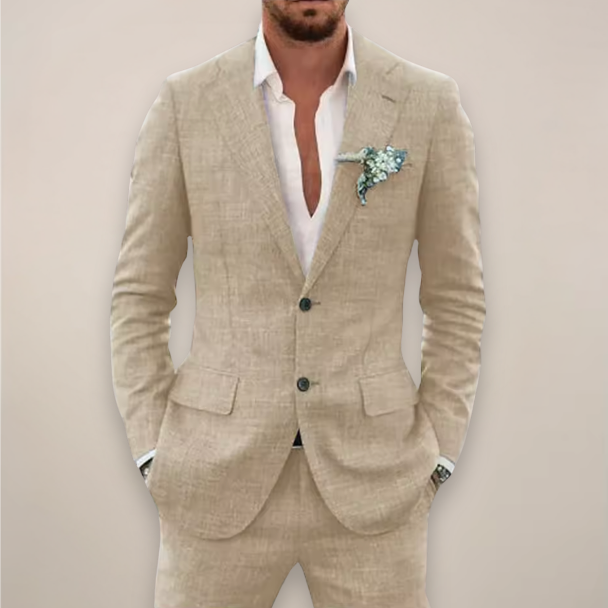 Herres Two-Piece Linnedragt – Enkeltknappet Elegant Forår/Sommer Sæt
