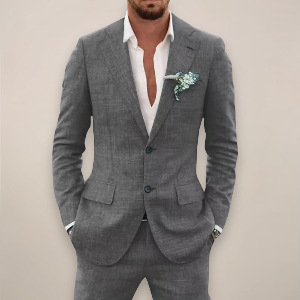 Herres Two-Piece Linnedragt – Enkeltknappet Elegant Forår/Sommer Sæt