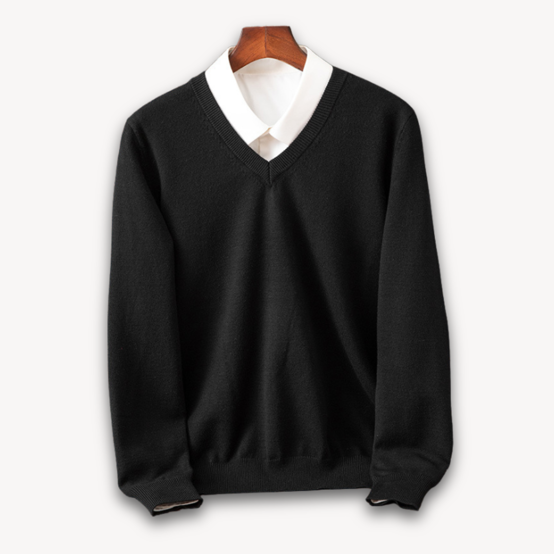 Herre V-hals Sweater – Slim Fit, Sort, Lange Ærmer