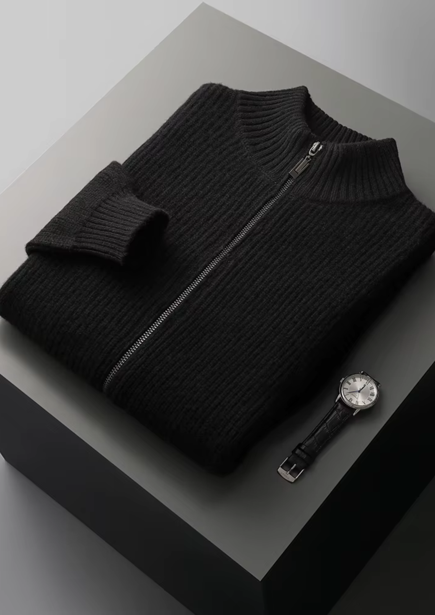 Herre Zip-Up Ribbet Cardigan Sweater med Høj Krave – Al-Sæson Casual Lag