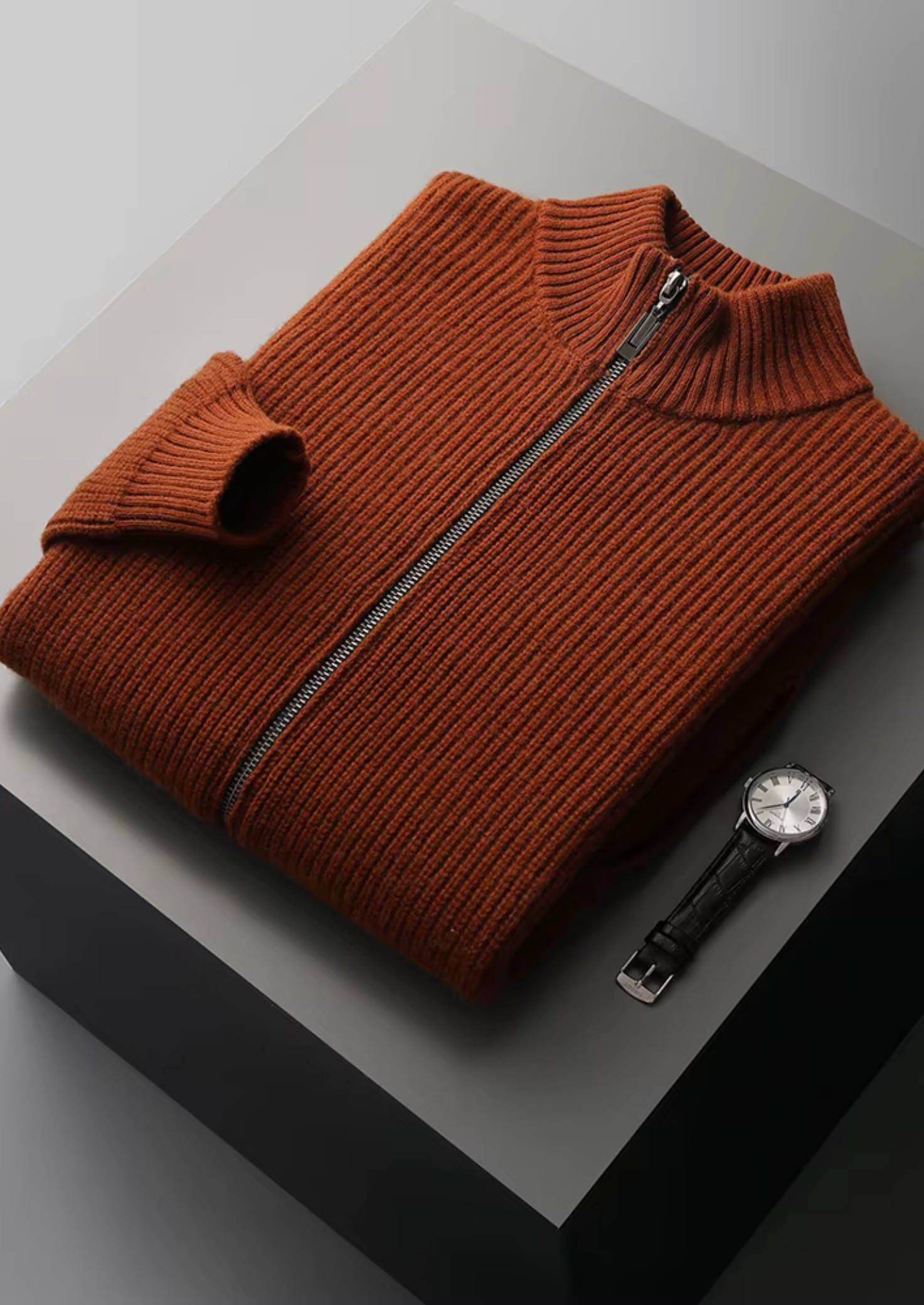 Herre Zip-Up Ribbet Cardigan Sweater med Høj Krave – Al-Sæson Casual Lag