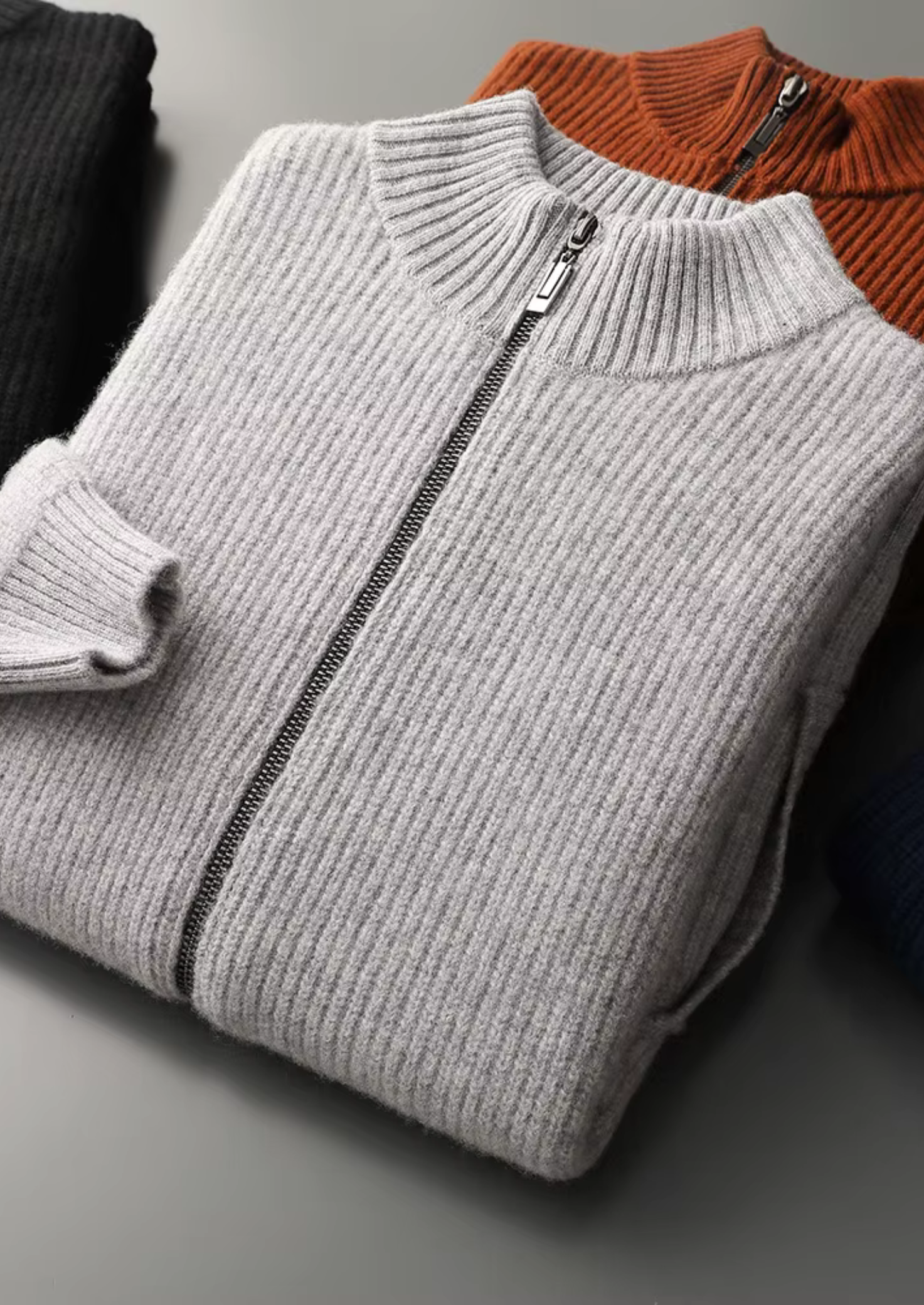 Herre Zip-Up Ribbet Cardigan Sweater med Høj Krave – Al-Sæson Casual Lag