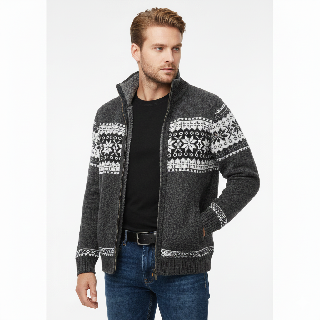 Moris Herre Fleece Vest – Vinter Jacquard Jakke med Høj Krave & Skandinaviske Mønstre