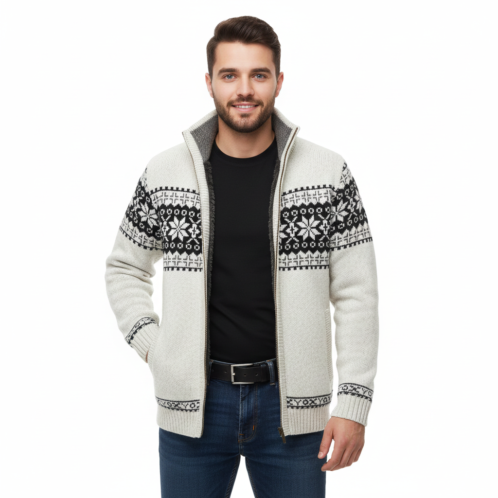 Moris Herre Fleece Vest – Vinter Jacquard Jakke med Høj Krave & Skandinaviske Mønstre
