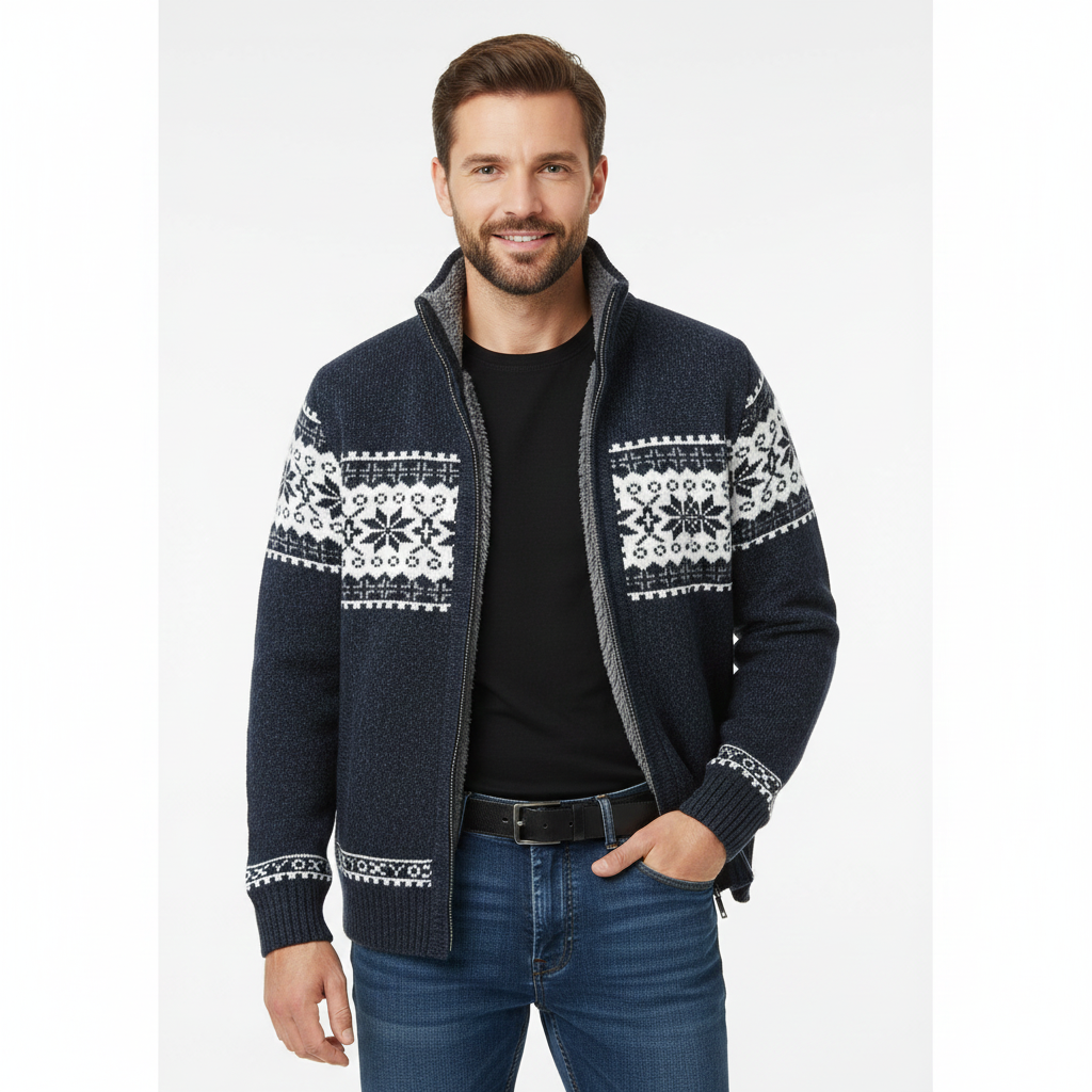 Moris Herre Fleece Vest – Vinter Jacquard Jakke med Høj Krave & Skandinaviske Mønstre