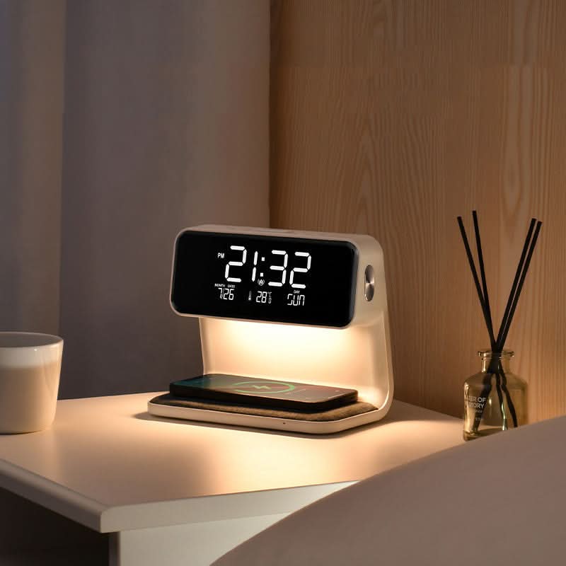 Multifunktionel Vækkeur med LED-Lampe og Trådløs Oplader
