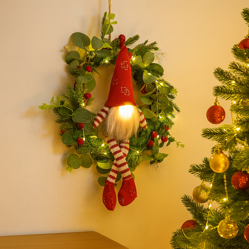 Julkrans med Tomte – Dekorativ LED Julbelysning