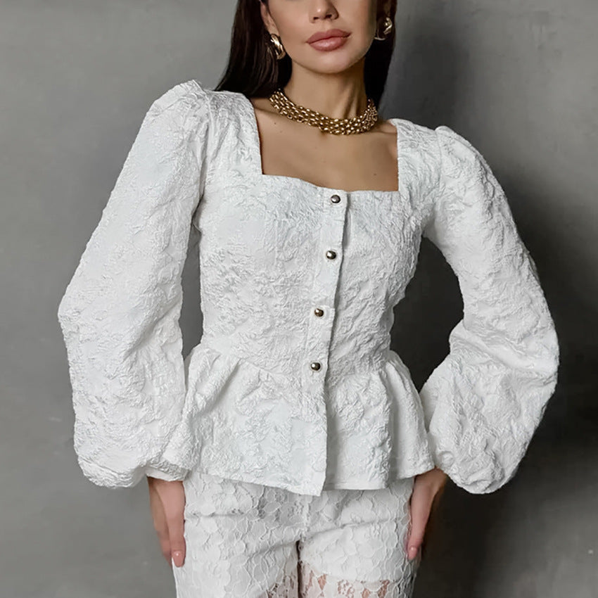 Charlotte Bluse Dame – Elegant Jacquard Top med Fyrkantet Udsnit & Chic Lange Ærmer