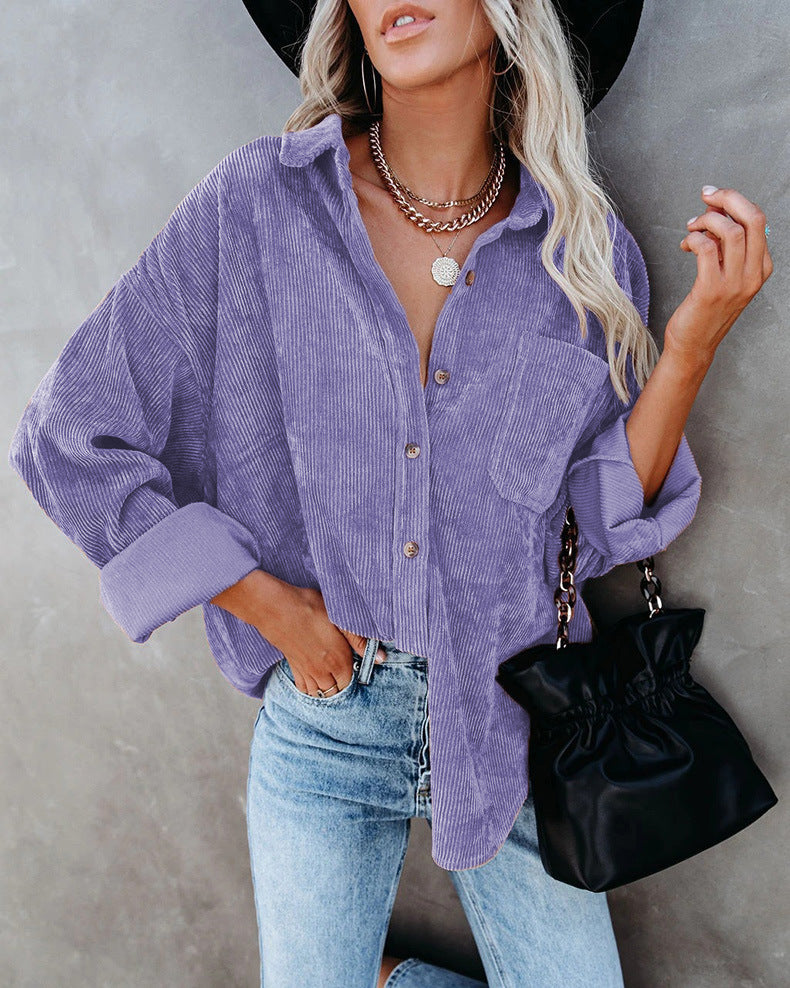 Ainsley Chemise Dame – Casual Vintage Skjorte i Blødt Kordfløjl med Brystlomme