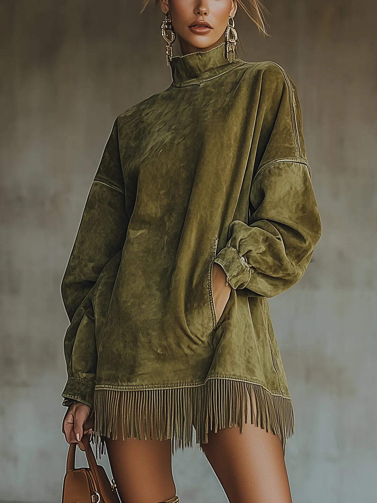Darcie | Suede Frynse Turtleneck Kjole