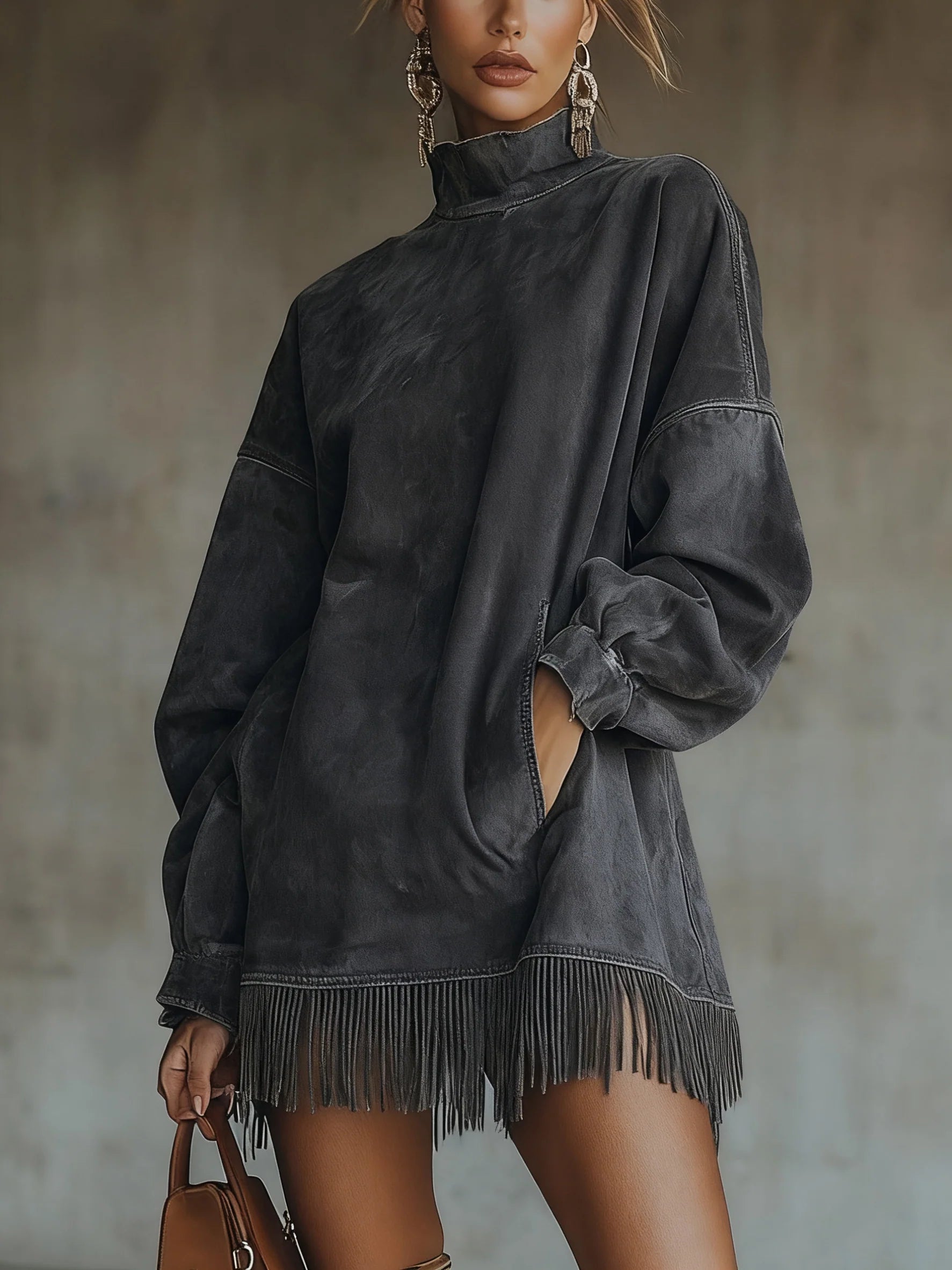 Darcie | Suede Frynse Turtleneck Kjole