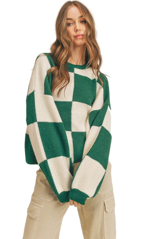 Oversized Pullover Tjekket Mønster til Kvinders i Grøn