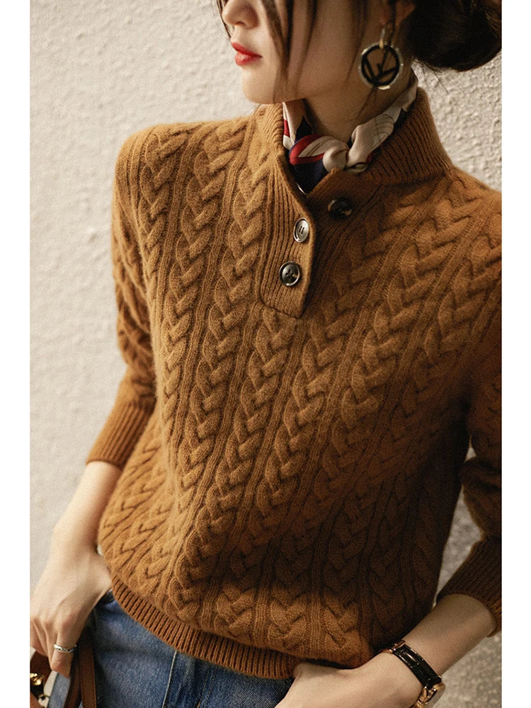 Sharmaine Kvinders Knappet Sweater – Blød Kabelstrik Sweater med Elegant Krave