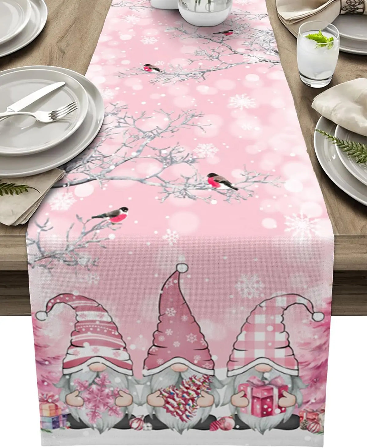 Christmas Tablecloth with Snow Gnome - Luxury Linen Christmas Decoration