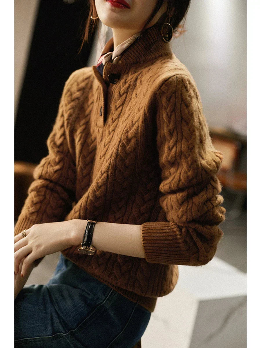 Sharmaine Kvinders Knappet Sweater – Blød Kabelstrik Sweater med Elegant Krave