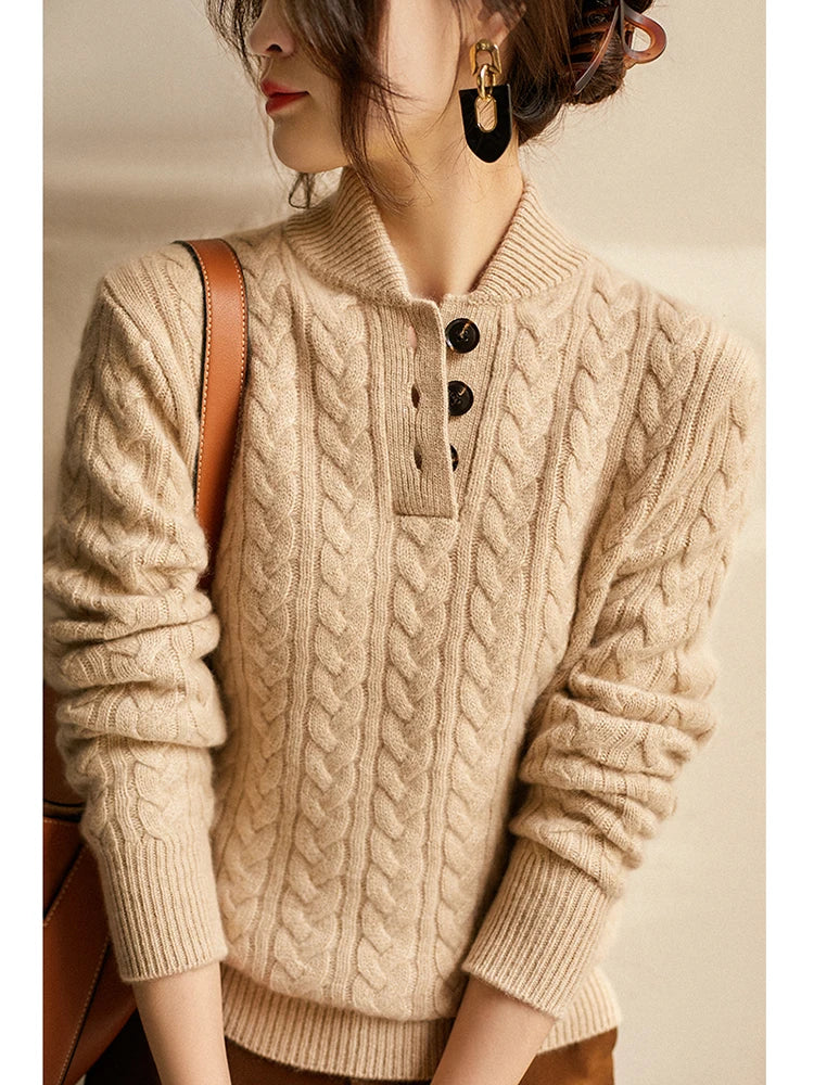 Sharmaine Kvinders Knappet Sweater – Blød Kabelstrik Sweater med Elegant Krave