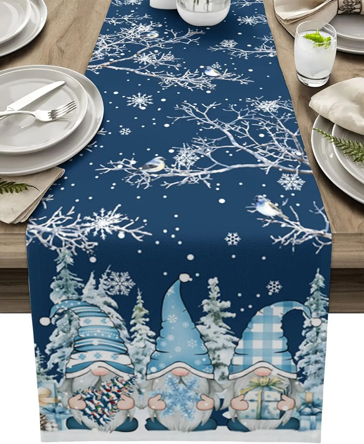 Christmas Tablecloth with Snow Gnome - Luxury Linen Christmas Decoration