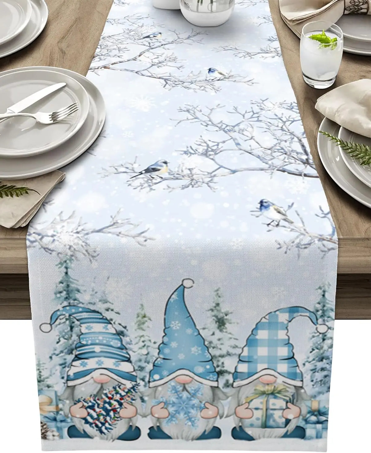 Christmas Tablecloth with Snow Gnome - Luxury Linen Christmas Decoration