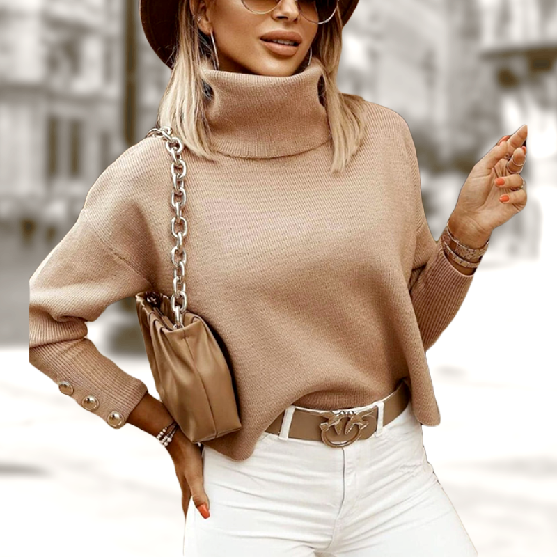 Maisie Turtleneck Sweater til kvinder – Oversized Ribstrikket med Elegante Knapærmer