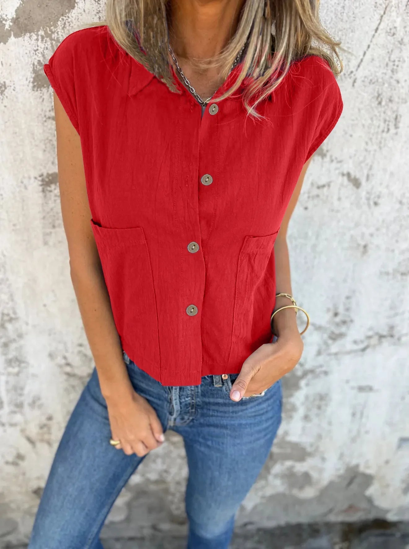 Skjortebluse Kvinders Button Down Linned Cap Sleeve Komfortabel Sommer Stil
