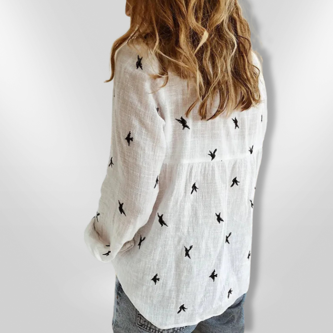 Skjortebluse Dame Med Fugleprint Af Blødt Coton - Afslappet Pasform