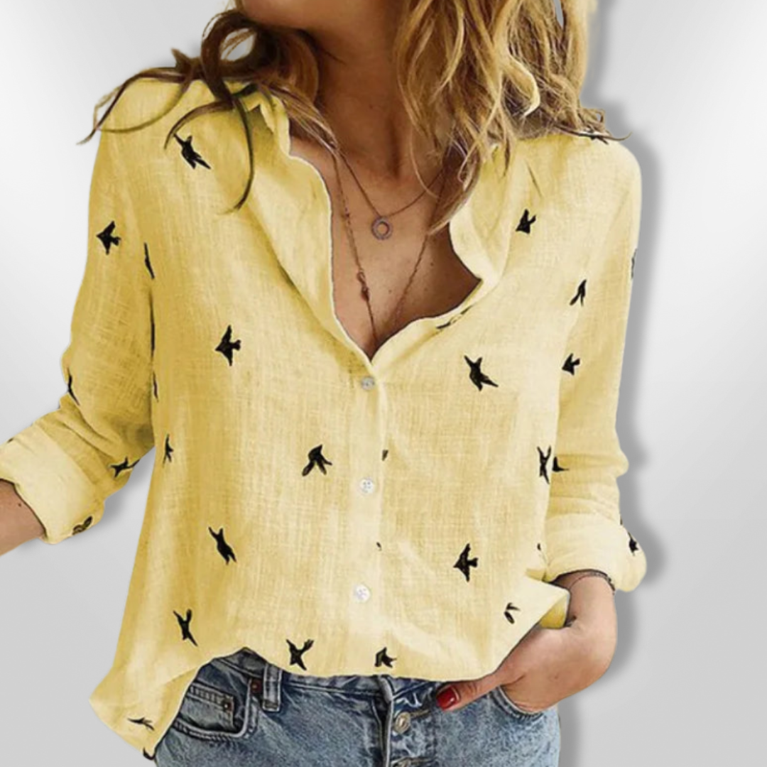 Skjortebluse Dame Med Fugleprint Af Blødt Coton - Afslappet Pasform