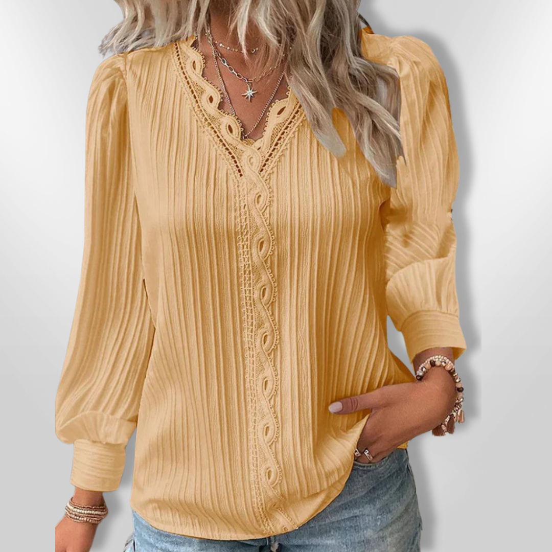 Skjortebluse Dame Plisseret Design Mousseline med Blonde Detaljer