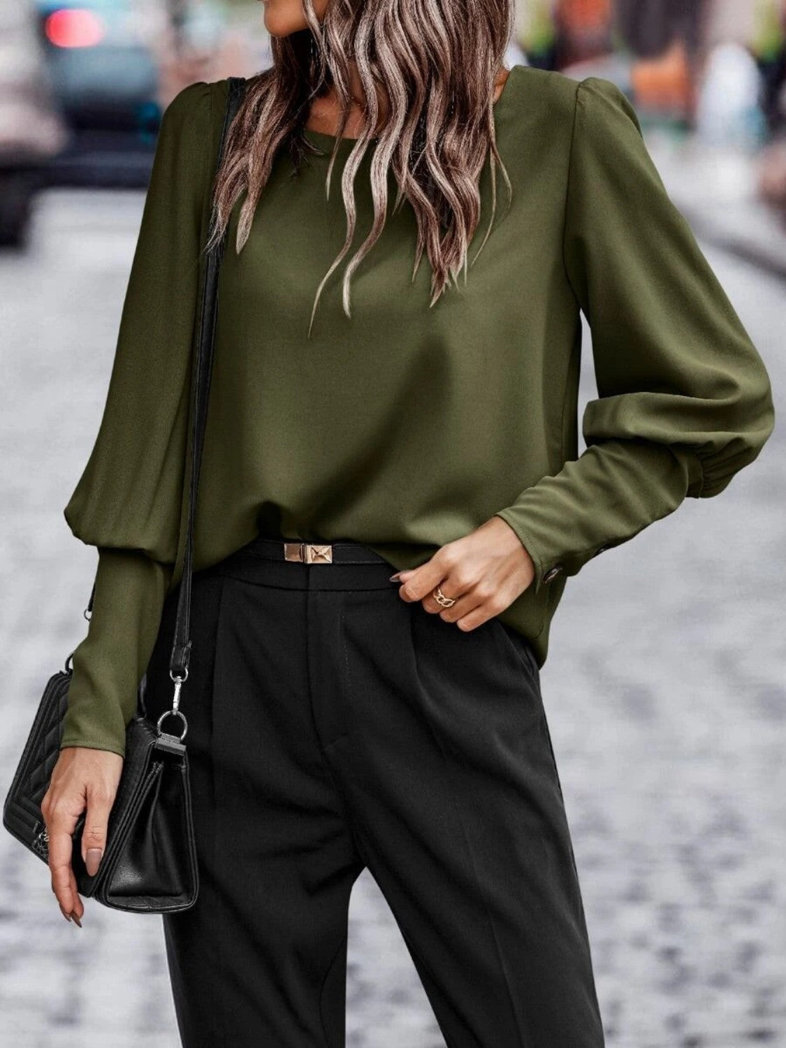 Skjortebluse Kvinders Rund Hals Lantern Sleeve