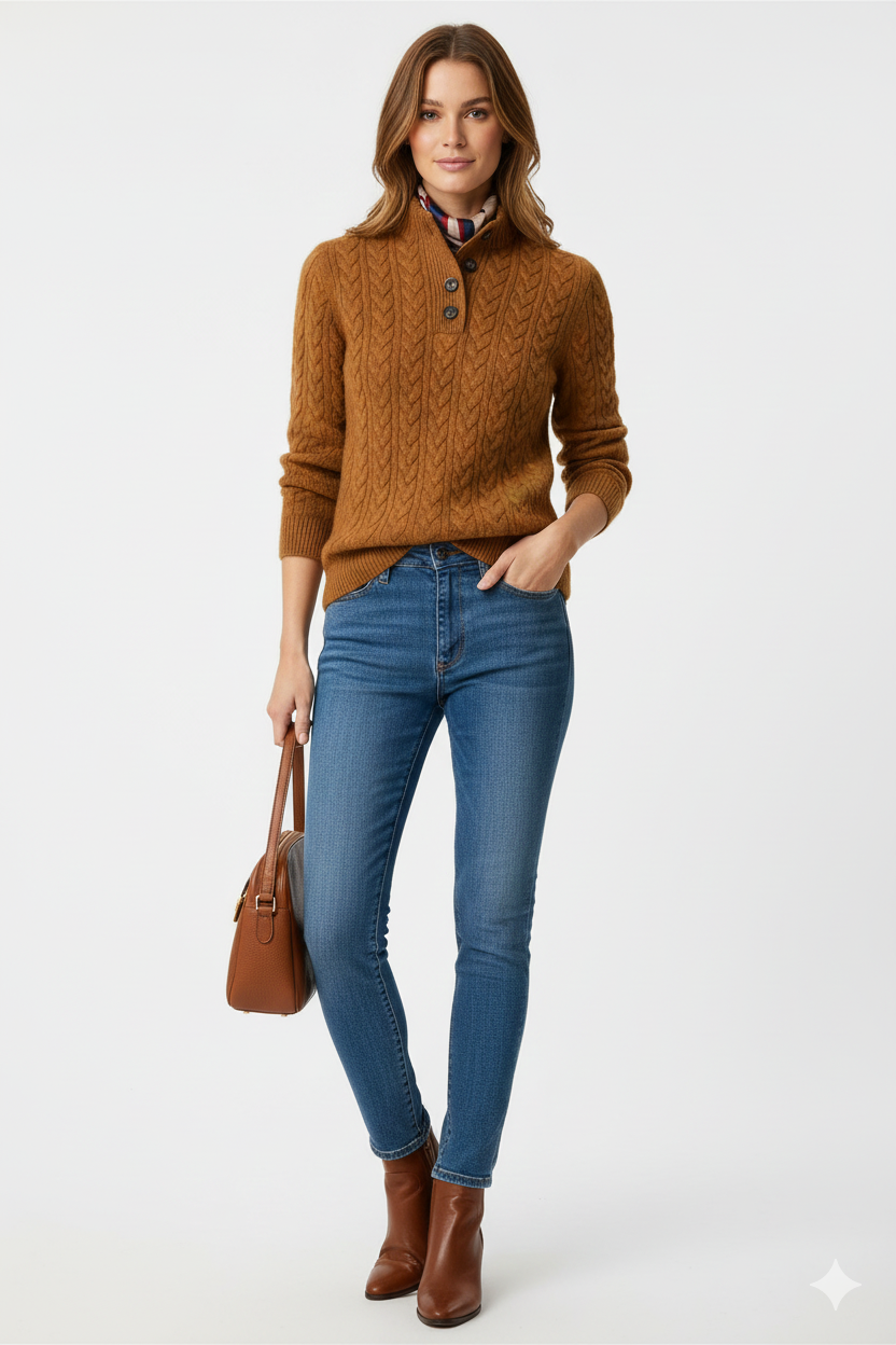 Sharmaine Kvinders Knappet Sweater – Blød Kabelstrik Sweater med Elegant Krave