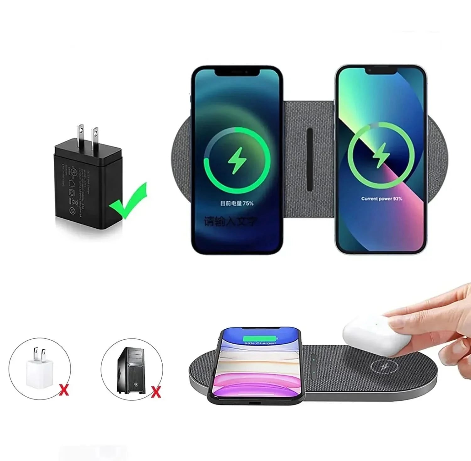 Trådløs Opladningsstation til iPhone og Samsung iPhone 15/14/13/12/11, AirPods 3 Pro, Samsung Galaxy S23/S22/S21 - Kompakt Design