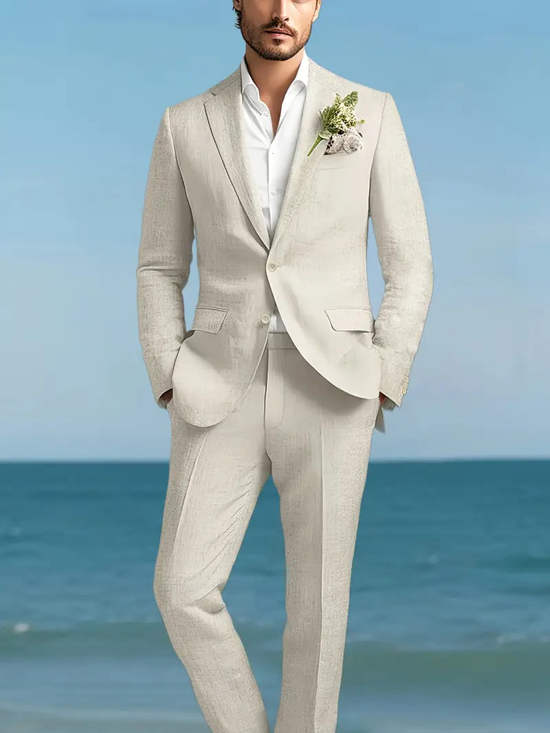 To-delt Linnedblanding Herresæt – Slim Blazer & Bukser til Forretning & Bryllupper