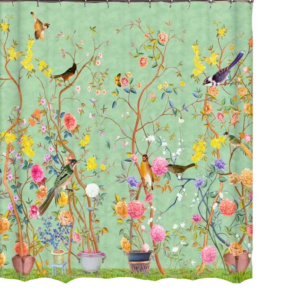 Vandtæt Bruseforhæng med Blomst og Fugleprint til Badeværelse