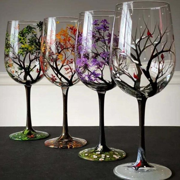 Vinglas med Håndmalet Design - Four Seasons Tree