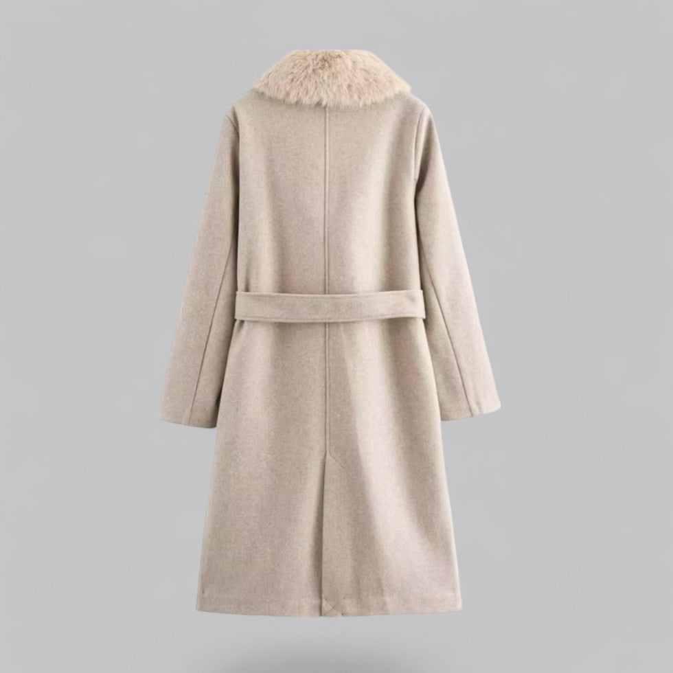 Dame Beige Dobbeltbrystet Trenchcoat med Faux Fur Krave – Bælte Langline Design