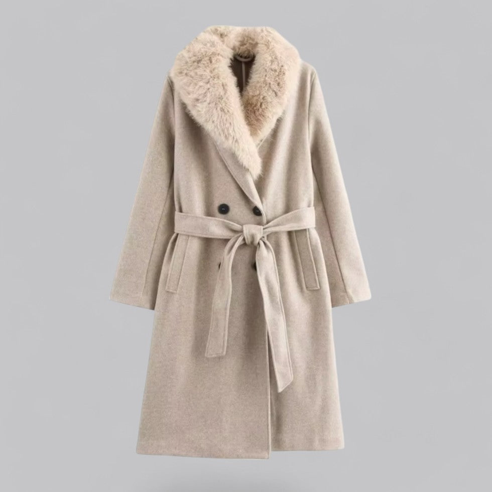 Dame Beige Dobbeltbrystet Trenchcoat med Faux Fur Krave – Bælte Langline Design