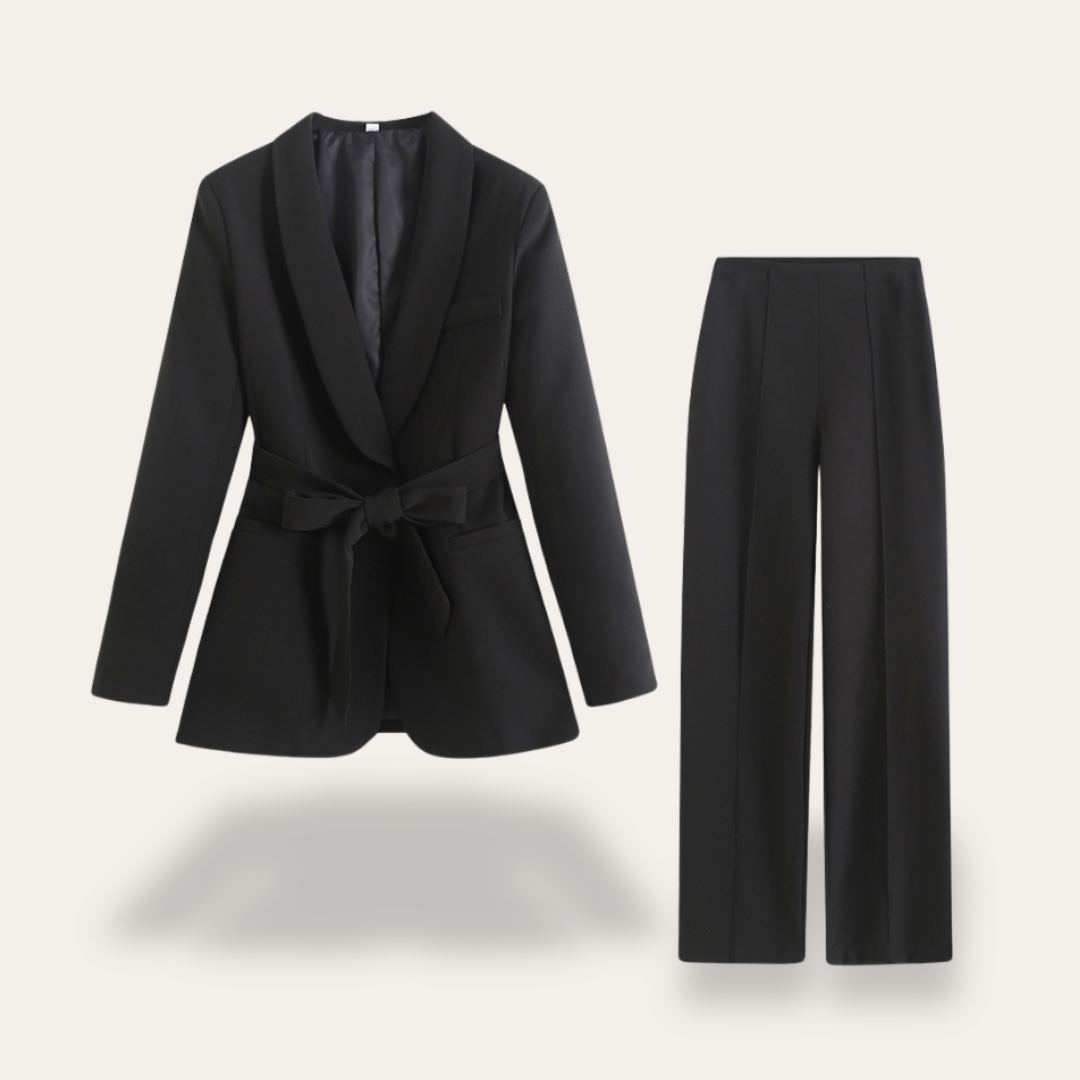 Dame Bælte Blazer og Bred Ben Bukser Sæt – Elegant Skræddersyet To-delt